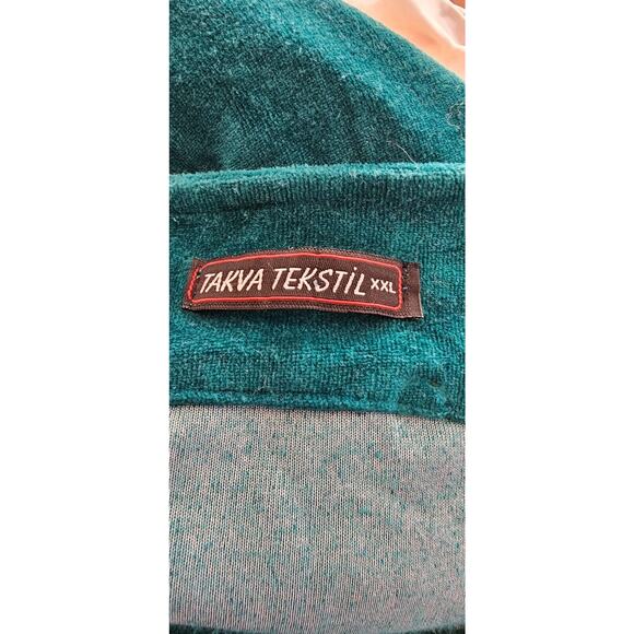 Turkish 100% Cotton VELVET Robe Dress KAFTAN Emerald Green Metallic Gold Emb XXL - Picture 5 of 6